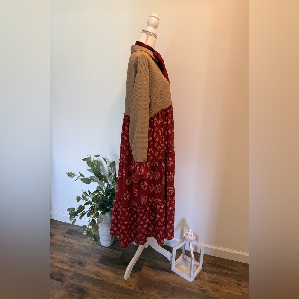 🤎 Dark Terra Cotta & Tan Midi Dress 🤎 - Picture 3 of 5